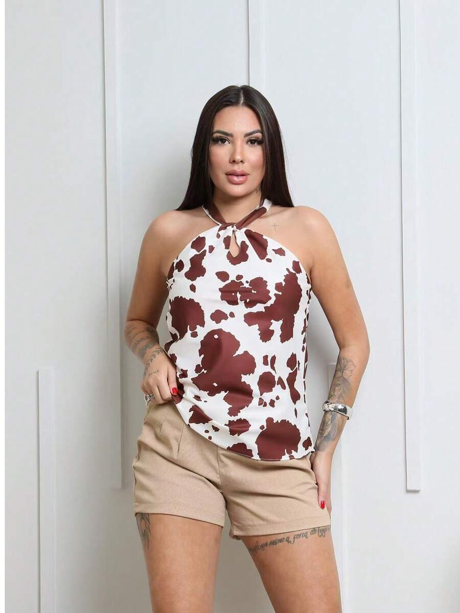 Women's Blouse With Knotted Wrap Collar Duna Fabric Cow Print Cut And Sew Casual Twisted Backless - 摩卡棕 - 查看 1