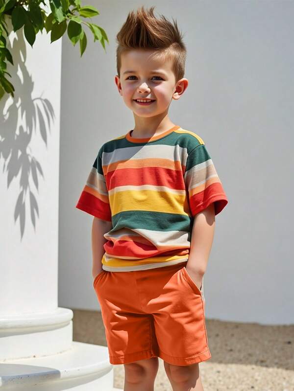 2 Pcs/Set Toddler Boys Fashionable Casual Striped Short Sleeve T-Shirt + Comfortable Shorts, Suitable For Summer