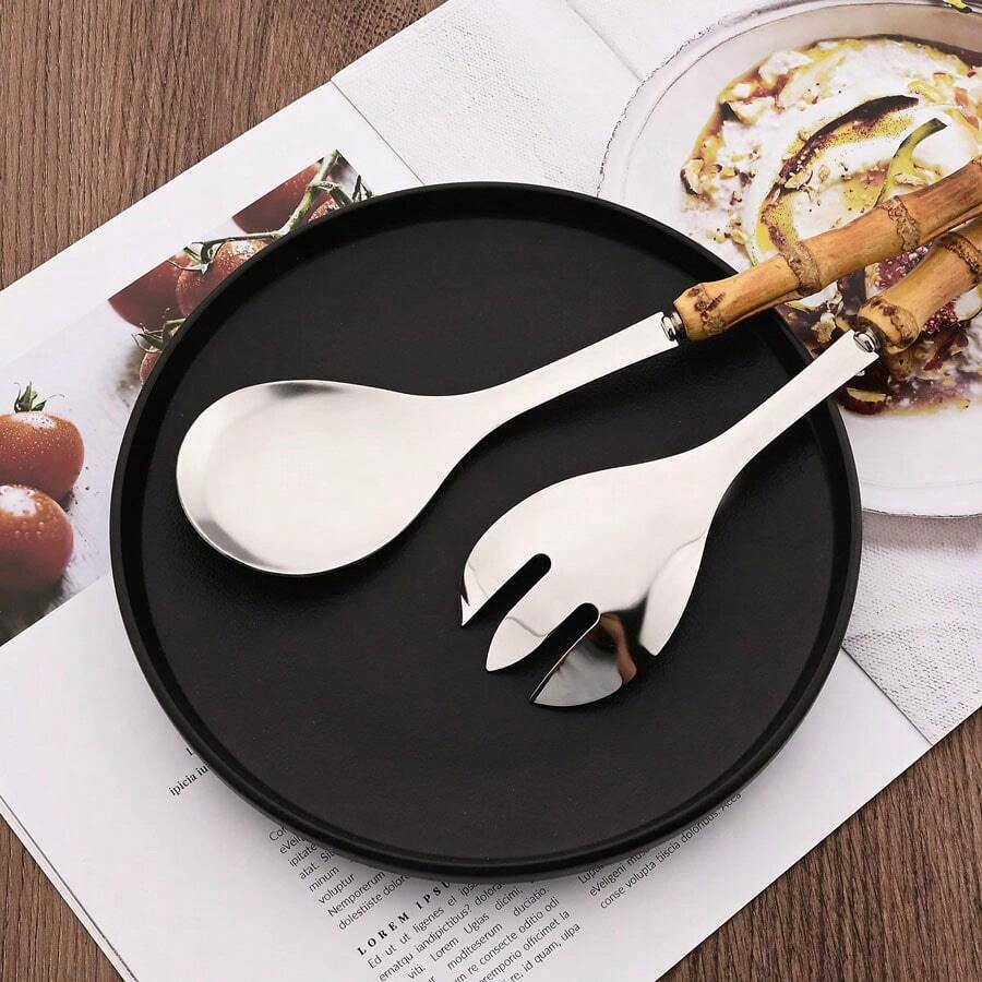 1/2pcs Stainless Steel Salad Service Spoon And Fork Set, Wooden Bamboo Handle, Western Style Fruit And Vegetable Mixing Spoon Salad Fork Salad Spoon, Dishwasher Washable,School Supplies - Multicolor - View 1