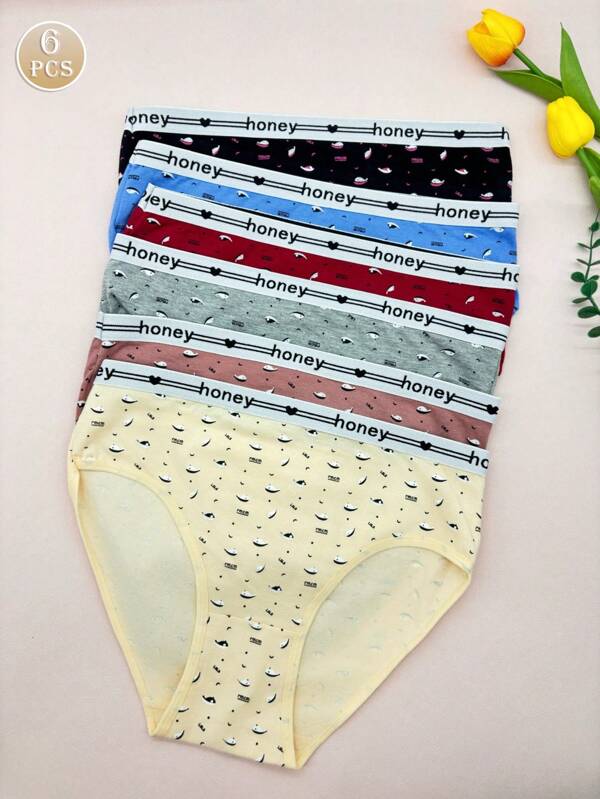 6 Pieces Of Women's High Waist Underwear, Heart-Shaped Letter Waistband, Multi-Color Abdomen In Underpants, Elegant Medium Support Briefs, With Elasticity