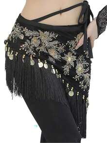 Cinturón de baile del vientre estilo árabe: Faja de cadera con bordados y flecos dorados, adornada con adornos con lentejuelas para actuaciones y fiestas de carnaval - Multicolor - Ver 6