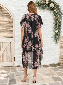Conjunto informal de 2 en 1 de verano con estampado floral elegante de gasa asimétrico