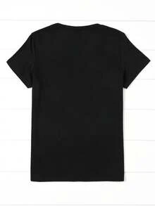 1pc camiseta para mujeres y hombres, conjunto de pareja, tela transpirable, unisex, cuello redondo, manga corta, longitud regular - Negro - Ver 3