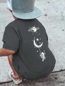 1pc Casual Printed Crew Neck Short Sleeve T-Shirt, Suitable For Boys And Children, Ideal Choice For Summer Students And Toddlers - Starry Universe Wonderful Space, The Ultimate Short Sleeve T-Shirt Series For Every Young Leader! Children's Graphic Tee For Boys - Dark Grey - View 5