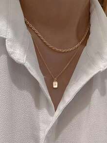 Nooxian 2pcs/Set Twisted Double-Layer Copper Micro-Inlaid Zirconia Star Rectangular Pendant Necklace (No Gift Box) - Yellow Gold - View 2