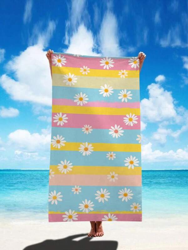 SRH 1pc Colorful Striped Vibrant Daisy Pattern Microfiber Beach Towel, Multi-Size, Quick Dry, Super Absorbent, Soft & Lightweight, Suitable For Teens & Women, Essential For Beach, Pool, Vacation, Holiday, Graduation, Wedding Travel Essentials Travel Accessories Beach Essentials