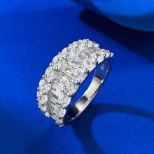 SHE IN Cubic Zirconia Three Row Eternity Ring For Women Round Cut CZ Sterling Silver Wide Wedding Bands Rings For Her