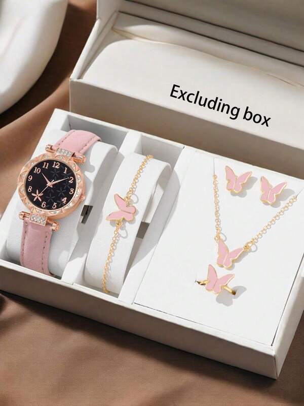 6pcs Set Fashion Minimalist Starfish & Number Printed Leather Strap Watch + Butterfly Decorations