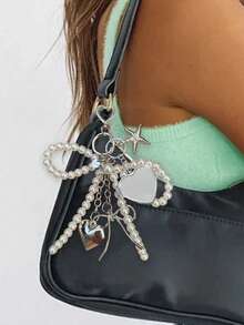 1pc Unisex Y2K Cute Beaded Bow Pendant, Fashionable Heart-Shaped Large Bag Pendant, Fashionable Heart-Shaped Rotating Mirror Pendant, Silver Heart-Shaped Swivel Hook Design, Spring Clasp, Starfish, Bow And Heart Element Phone Charm Keychain - Multicolor - View 5