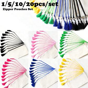 1/5/10pcs Beige Canvas Zipper Bag With Colored Tassels, Blank Colorful Tassel Zipper Bag Set, Suitable For DIY Painting, Holiday Gifts, Multifunctional For Accessories, Cosmetics, Jewelry, Stationery, Snacks Storage, Party Favors