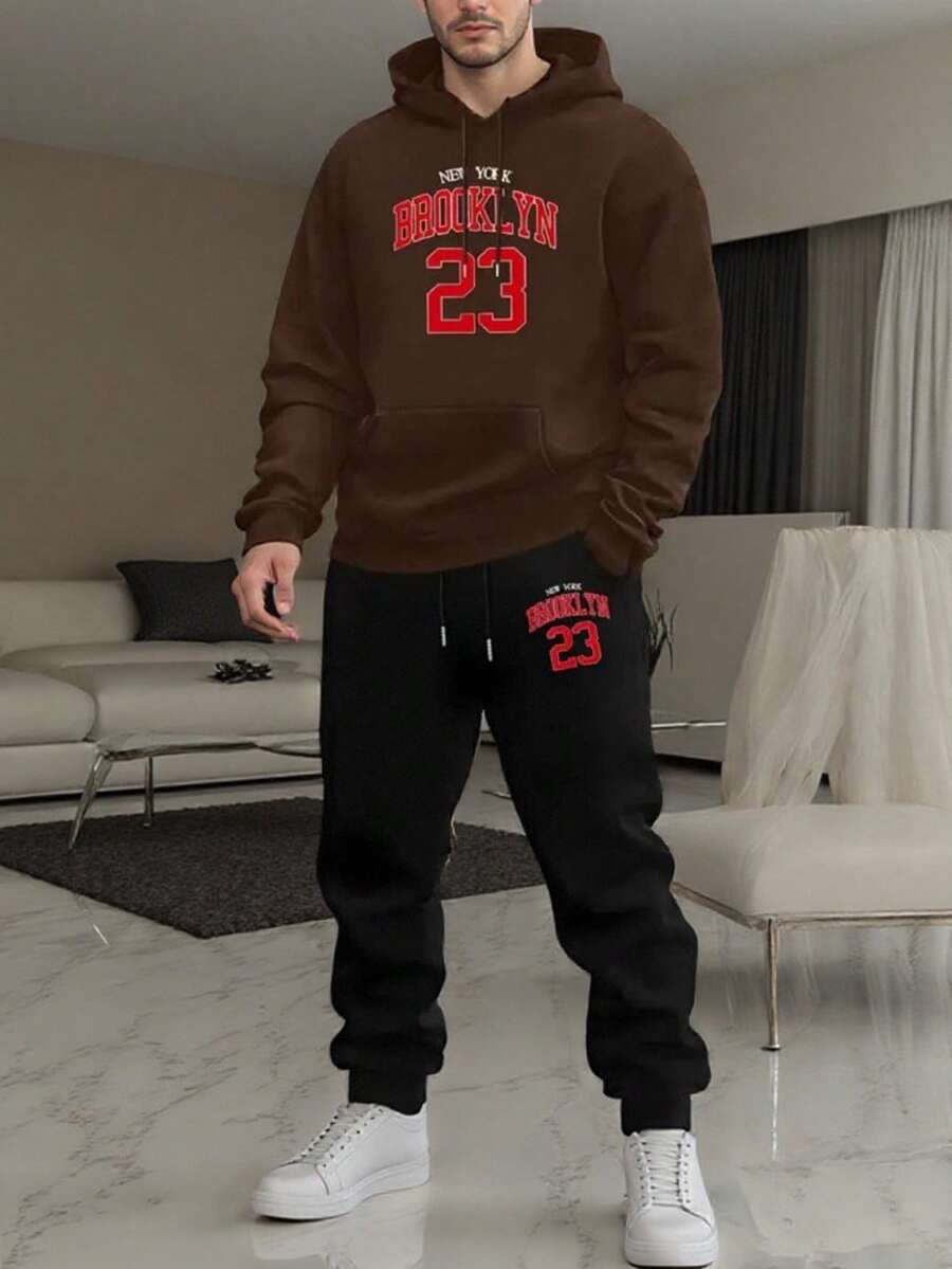 Conjunto de sudadera y joggers Brooklyn 23 para hombre, sudadera casual con patrón geométrico, conjunto deportivo de poliéster con bolsillos, ajuste regular, temporada primavera/otoño, tejido de punto. - Marrón - Ver 1