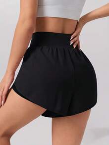 Quần short thể thao co giãn cho nữ Quần cạp cao Quần thể thao năng động Quần chạy bộ quần vợt mùa hè Quần short chống hở bên trong có cạp chun cao, cạp rộng, màu trơn - màu đen - Xem 3