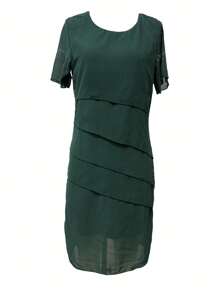 Nuovo arrivo estivo, abito casual elegante da donna in chiffon, colore unito, maniche corte, scollo rotondo, orlo plissettato e morbido, ampio e traspirante, adatto per ufficio, feste e uso quotidiano