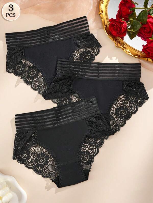APRSEA 3pcs Lace Waist Semi-Sheer High Waist Breathable Briefs For Women
