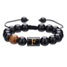 1pc Natural Black Agate 26 Letter Beaded Adjustable Braided Bracelet, Suitable For Various Occasions Like Festivals, Sports, Casual, Business Wear