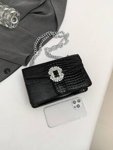 1pc Women's Crocodile Embossed Rhinestone Decor Flip Cover Chain Shoulder Bag, Suitable For Daily Use - Black - View 3
