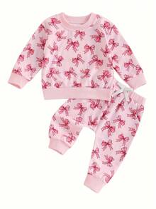 Toddler Girls 2PCS Fall Sets Long Sleeve O Neck Bow Print Tops Drawstring Pants Set - Pink - View 1