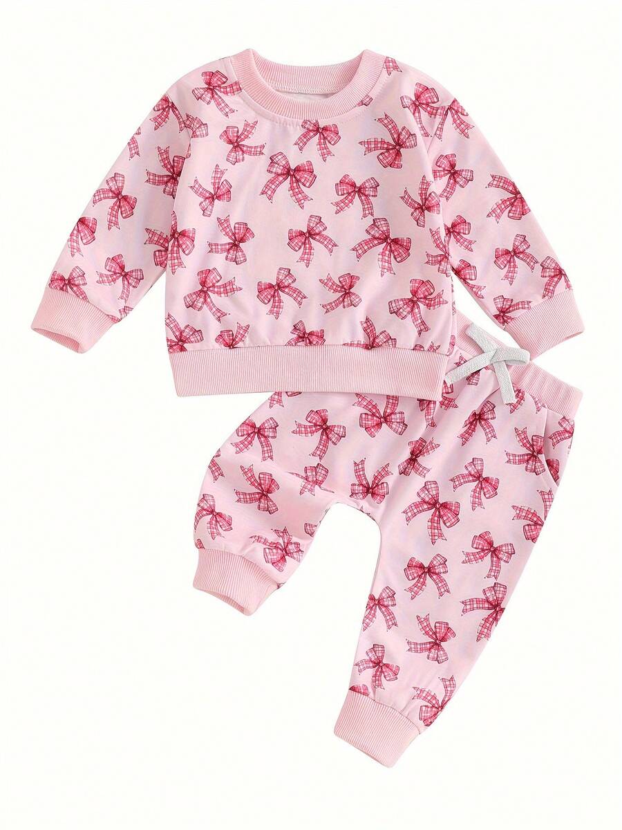 Toddler Girls 2PCS Fall Sets Long Sleeve O Neck Bow Print Tops Drawstring Pants Set - Pink - View 1