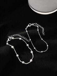 2 件珍珠装饰优雅百搭女士手链，优雅铜链搭配人造珍珠（珠子和珍珠数量随机搭配）