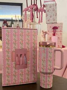 Beautiful Cup--40-Ounce Stainless Steel Strap Straw And Handle Vacuum Cup Gift Set, Suitable For Travel Vacuum Cup As A Gift,Official Logistics Supported - 繁花粉色 - 查看 1