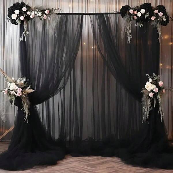 2 piezas/3 piezas/4 piezas Blanco, Negro, Champán, Azul Claro, Azul Oscuro, Púrpura Claro Tul de boda transparente decorativo con ojales, adecuado para atar en varillas, cuerdas, telones de fondo, cortinas, arcos de boda y otras decoraciones de fiesta (Varios tamaños)