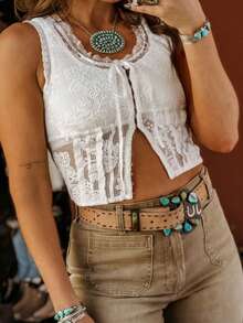 Women Summer Casual Crop Tank Tops Lace Patchwork U-Neck Hook And Eye Sleeveless Shirt Basic Vest Y2K Streetwear - White - View 4