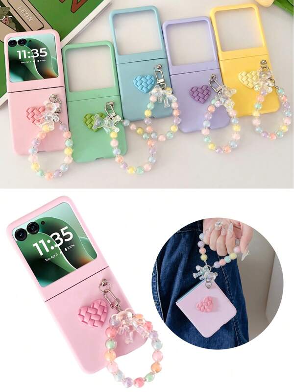 keshengtai 1pc Hard Case Heart-Shaped Phone Case And 1pc Bear Bracelet, Compatible With Motorola Razr Plus 2025/Razr 60/Razr 60 Ultra/Razr 50/40