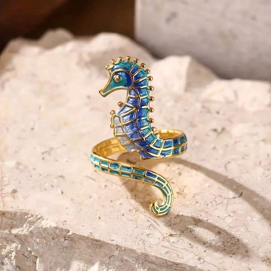 1PC Ocean Style Seahorse Women's Open End Ring In Stainless Steel - Versatile Jewelry For Casual Attire And Parties - 藍色 - 查看 1