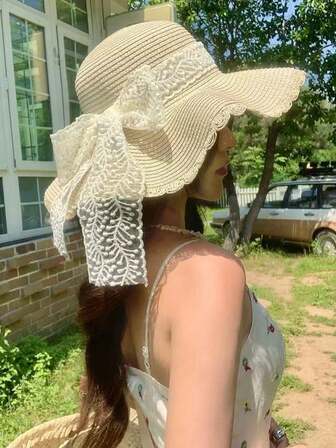 1pc夏季清新简约波浪大沿草帽韩版全仿珍珠休闲防晒沙滩帽