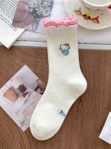 Sanrio 1Pair Sanrio Hello Kitty Mid-Calf Crew Summer Socks Women Socks Flounced Hem Seamless Toe & Breathable Ribbed Texture - Spring/Summer Collegiate Style Socks For School Outfits, Cute Gift With Greeting Card For Birthdays/Valentine's Day