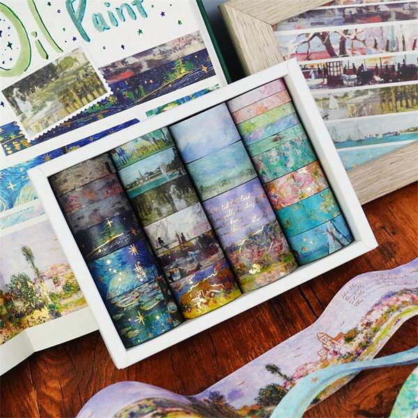 Retro Oil Painting And Paper Tape Set, 24 Rolls Of Oil Painting Style Decorative Tape, Suitable For Diary Items, Scrapbooks, DIY Art And Crafts, Gift Packaging, Ocean, Flowers, Rural Fields, And Paper Tape
