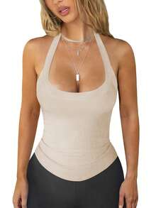 Top de capa base sin costuras estilo yoga con costillas, de alta elasticidad, simple y versátil, para ropa deportiva de mujer - Albaricoque - Ver 1