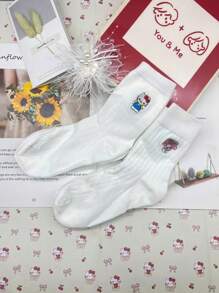 Sanrio 2 Pairs Sanrio Women'S Mid-Calf Socks - Cute For Hello Kitty Embroidered Pattern, White, Soft, Breathable, Sweat Absorbent, 200g/M² Fabric, Hand Wash Or Dry Clean, Solid Color, Perfect For Casual Or Formal Wear, Cute Sock