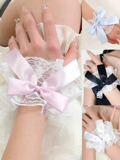 1 对甜美蕾丝蝴蝶结袖套，适合女士，洛丽塔服装配饰，拍照腕饰，适合连衣裙、裙子，时尚短款喇叭袖口