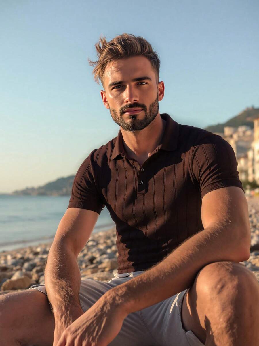 Men's Ribbed Short Sleeve Polo Neck Knit Top, Suitable For Daily Wear, Outdoor & Commuting - Brown - View 1