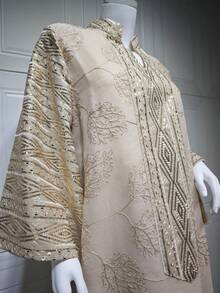 SISKAKIA 时尚端庄女装植物亮片阿拉伯连衣裙女士流苏派对节日优雅长裙 - 駝色 - 查看 9