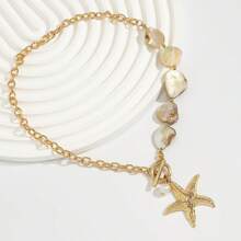 Andkiss 1pc Ocean Vacation Style Faux Shell & Pearl Asymmetrical Geometric Necklace