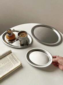 1pc Minimalist Stainless Steel Oval Tray, Serving Platter For Bread, Desserts, Coffee Cups In Cafe