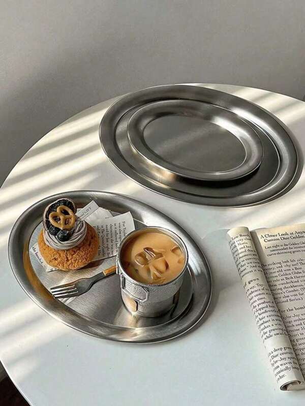 1pc Minimalist Stainless Steel Oval Tray, Serving Platter For Bread, Desserts, Coffee Cups In Cafe