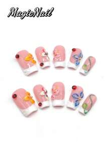10 Pieces Of Pure Hand-Pressed Wearable Nails, Press On Nails,25mm-Length Nail Pieces, Flesh-Colored White Contrasting, Multiple Hand-Pinched Raised Petals To Draw A Variety Of Different Styles Of Flowers, Yellow, Green, Pink, Blue, Etc., Raised Green Leaf Shape, Multiple Raised Ladybug Shape, Beetle.