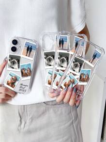 1 pieza Funda de teléfono protectora de TPU con cobertura total, lente protectora y collage de fotos personalizadas de 4 en 1 para pareja/familia/amigos/mascotas para iPhone 11/12/13/14/15/16/16pro/16plus/16promax/X/Xr/Xsmax/7/7plus, elegante, colorida, vintage, linda, sencilla, divertida, personalizada, regalo ideal para él, regalo ideal para ella, novio, novia, familia, amigos, abuelos, pareja, para aniversarios, para cumpleaños