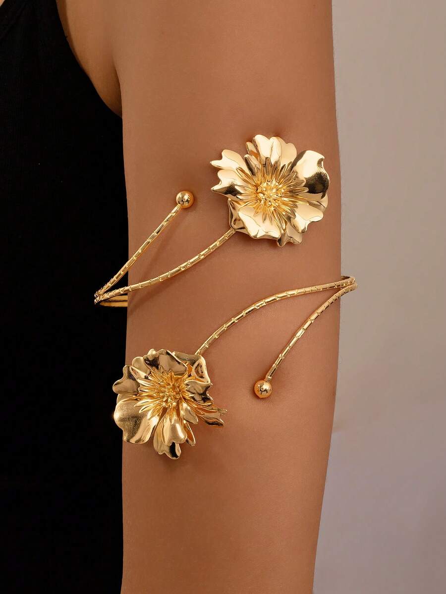 1 件夏季时尚花朵金属臂章，适合女性度假穿着