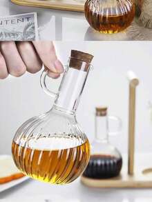 高硼硅玻璃油瓶配木盖，厨房液体调味瓶，条纹酱醋玻璃罐 - 透明 - 查看 6
