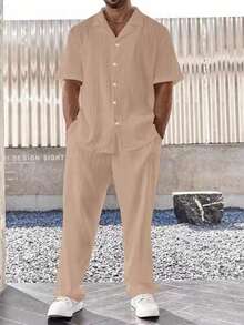 Men's Casual Summer Suit, Simple And Solid Men's Shirt Suit, Casual Short-Sleeved Shirt With Striped Buttons And Elastic Waist Trousers, Suitable For Vacation, Casual Wear, Daily Wear, Suitable As A Gift For Family, Boyfriend, Husband. - 米色 - 查看 1