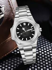 1pc Men's Silver Strap Fashionable Casual Business Bar Scale With Calendar Function Dial Quartz Watch For Daily Wear Or Holiday Gifts