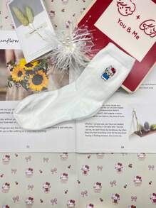 Sanrio 2 Pairs Sanrio Women'S Mid-Calf Socks - Cute For Hello Kitty Embroidered Pattern, White, Soft, Breathable, Sweat Absorbent, 200g/M² Fabric, Hand Wash Or Dry Clean, Solid Color, Perfect For Casual Or Formal Wear, Cute Sock