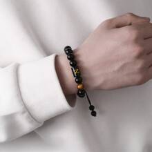 1pc Natural Black Agate 26 Letter Beaded Adjustable Braided Bracelet, Suitable For Various Occasions Like Festivals, Sports, Casual, Business Wear