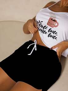 Women's Pajama Set Cropped White Strong Coffee Black Shorts - 白色 - 查看 3
