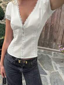 Women Y2k Lace Trim Button Down Shirt Top Fairycore Short Sleeve Lapel Collar Slim Fit T Shirts Crop Tops Summer Going Out Tops Blouses Vinatge Aesthetic Clothes Streetwear - 白色 - 查看 6
