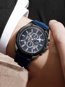 1 pieza Reloj de cuarzo analógico con diseño de doble esfera falsa, correa de silicona de escala metálica plateada, moda para hombres de negocios y jóvenes